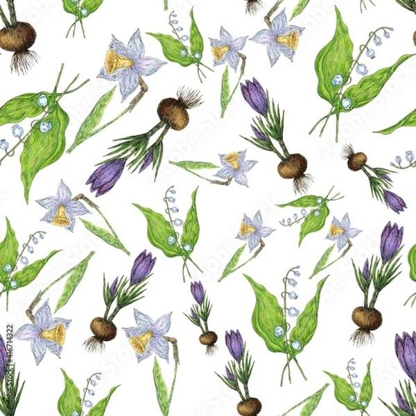 Obraz Seamless pattern. Spring flowers and plants. Illustration for the decor and design of posters, postcards, prints, stickers, invitations, textiles and stationery.