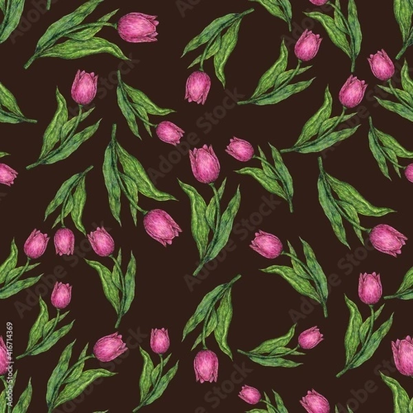 Obraz Seamless pattern. Pink tulips. Painting with watercolors and ink. Illustration for the decor and design of posters, postcards, prints, stickers, invitations, textiles.