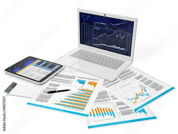 Obraz 3d illustration of a business computer with a blank on a white b
