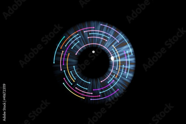 Fototapeta Iris with colorful lights. Concept of biometric identification. 3D render / rendering