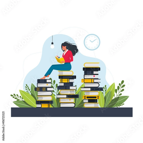 Obraz Young woman sitting and reading on a huge stack of books. Cartoon flat vector illustration isolated on white background. Student reading book and learning. Girl's pastime, leisure or hobby.