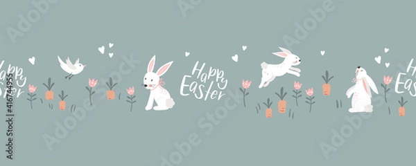 Obraz Cute hand drawn Easter seamless pattern with lovely bunnies and decoration, great for textiles, banners, wallpaper, wrapping - vector design