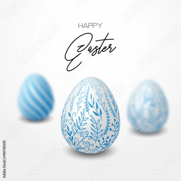 Fototapeta Happy easter template with blue, white rustic floral eggs, dotted background. Vector illustration. Design layout for invitation, card, menu, flyer, banner, poster, voucher. Elegant design