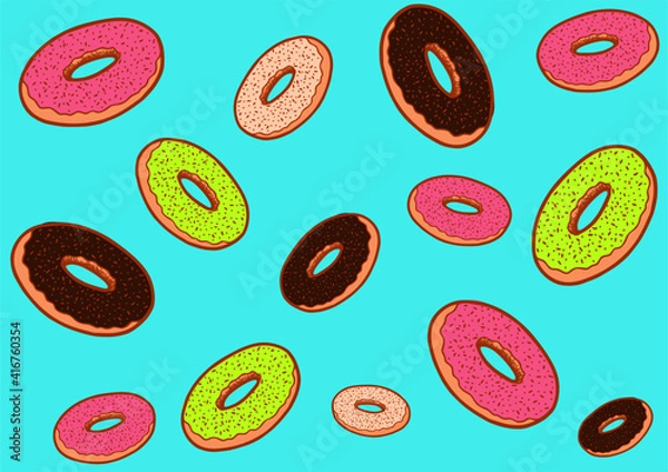 Fototapeta vector illustration of colorful donuts on a blue background