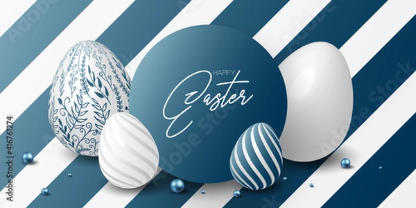 Fototapeta Happy easter template with blue, white rustic floral eggs, dotted background. Vector illustration. Design layout for invitation, card, menu, flyer, banner, poster, voucher. Elegant design