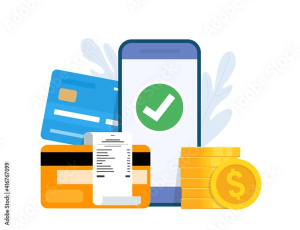 Fototapeta Online payment and digital bill concept. Mobile banking app and payment by credit card. Vector illustration.