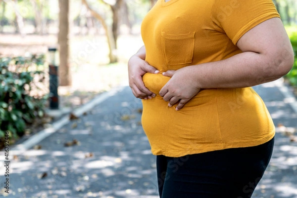 Fototapeta Fat women  Using two hands to hold the excess fat In the area of her waist, with blur park background to obesity and health care concept.