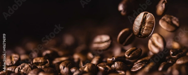 Obraz Brown Roasted Coffee Beans Closeup On Dark Background