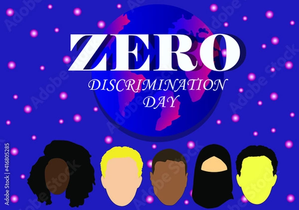 Fototapeta poster to raise awareness about zero discrimination, blue gradient background with the earth globe in the center, phrase for the day of zero discrimination. People of different ethnicities and culture