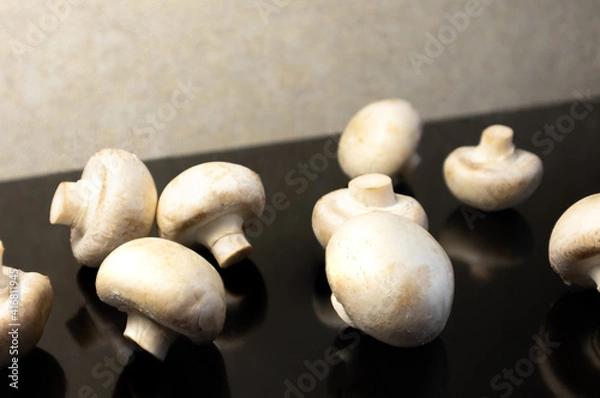 Fototapeta Raw mushrooms champignons on a black background.