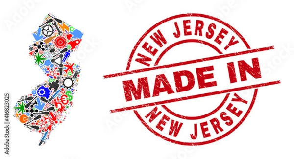 Fototapeta Technical New Jersey State map mosaic and MADE IN scratched stamp seal. New Jersey State map mosaic designed with wrenches, gearwheels, tools,, keys, vehicles, power sparks, helmets.