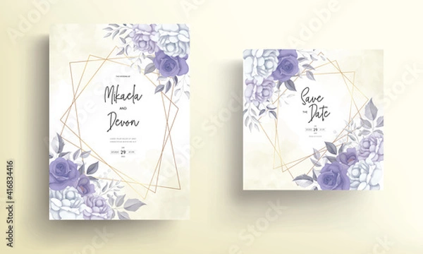Fototapeta Modern wedding invitation card with beautiful purple flower decoration