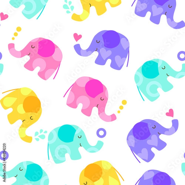 Fototapeta Seamless pattern of four cute characters cartoon kawaii elephants: pastel blue, yellow, lilac and pink with dfferent patterns on white background. Baby children colors. Flat vector illustration