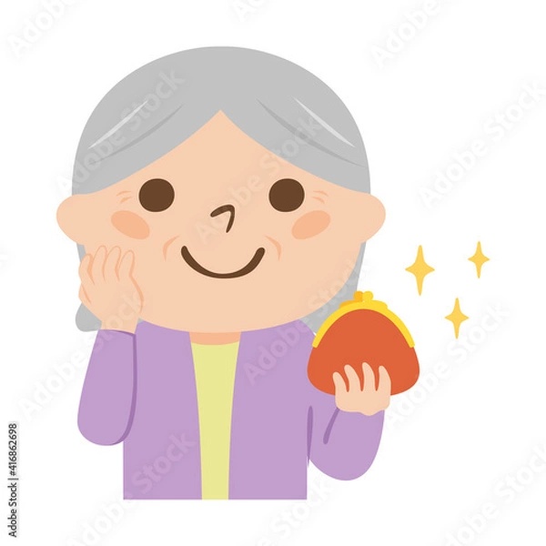 Fototapeta 高齢者のイラスト。がま口の財布を持っている女性のお年寄り。