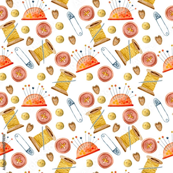Fototapeta Sewing digital paper.Seamless pattern,digital background.Watercolor Vintage sewing scrapbook paper.Printable fabric with pin,scissors,needle with thread.spool of thread,buttons,thimble,pincushion.