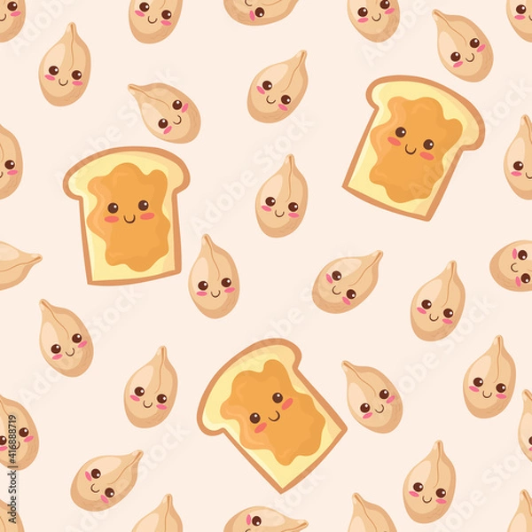 Fototapeta Seamless vector pattern with kawaii food. Cartoon peanuts and peanut butter toast on light background. Doodle cute characters illustration for print, card. Breakfast children menu, fresh bread, bakery