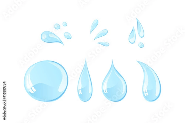 Fototapeta Shiny water drops illustration. Hand drawn blue sparkly liquid set isolated on white background. Puddle, drinking water, water festival decoration elements. Cartoon light colors splashes collection.