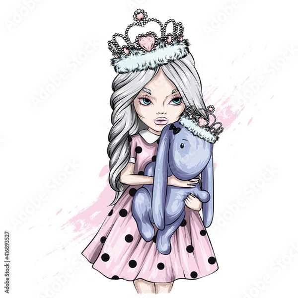 Obraz Beautiful girl and a soft toy. Vector illustration for cards, print on clothes and accessories. Fashion and Style. 