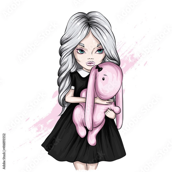 Obraz Beautiful girl and a soft toy. Vector illustration for cards, print on clothes and accessories. Fashion and Style. 