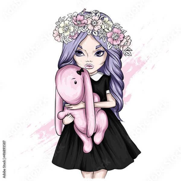 Obraz Beautiful girl and a soft toy. Vector illustration for cards, print on clothes and accessories. Fashion and Style. 