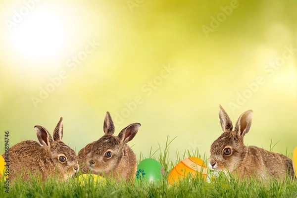 Obraz Drei kleine Osterhasen mit Ostereiern auf einer grünen Wiese isoliert auf grünem Hintergrund mit Sonnenlicht