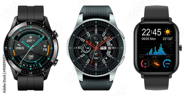 Fototapeta Smartwatch collection, realistic icons isolated on white, technology electronic gadgets, wrist watch vector illustration, interesting modern electronic bands set.