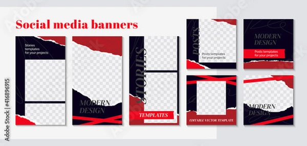 Fototapeta Fashion web banner for social media mobile apps in red and black colors. Stylish social media posts, story and photos. Editable templates with space for text. Vector Illustration