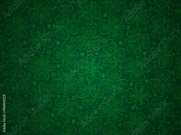 Obraz Green Patrick's Day greeting background with green clovers. Patrick's Day holiday design. Horizontal background, headers, posters, cards, website. Vector illustration