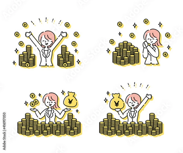 Obraz 大量のコインと嬉しそうなスーツの女性（日本円）