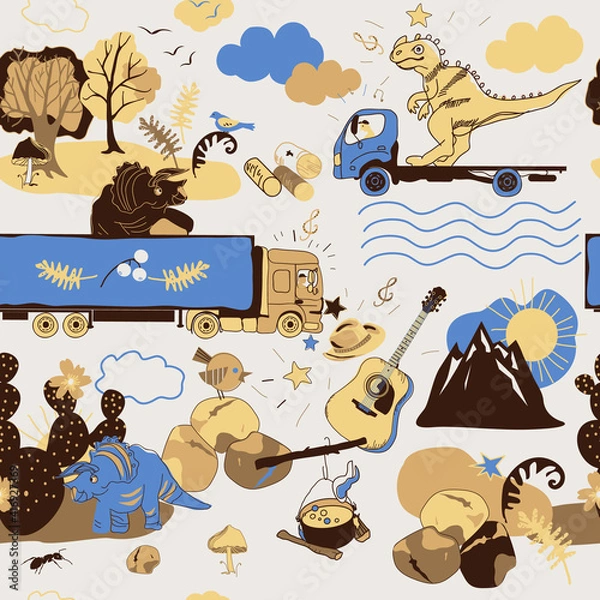 Fototapeta seamless pattern with dinosaur and lorry