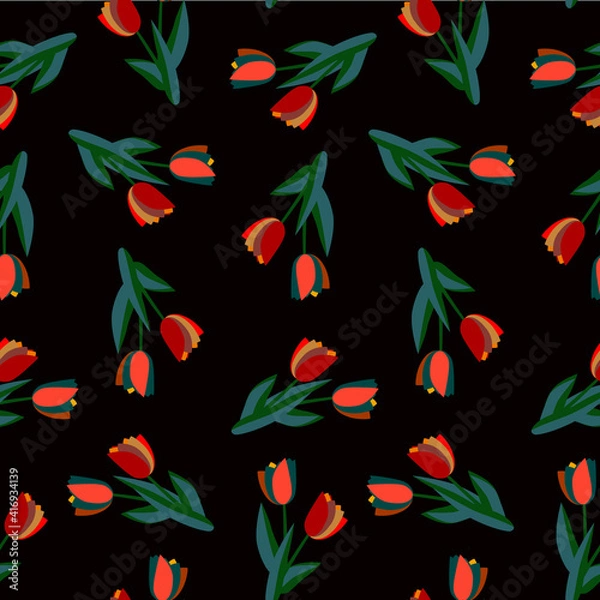 Fototapeta Vector tulips with leaves seamless pattern.