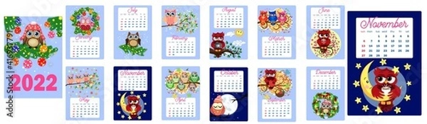 Fototapeta Calendar 2022. Cute owls and birds for every month. Wall vertical calendar for 2022, the week starts on Sunday. A4 format.