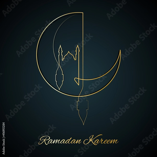 Fototapeta Vector Illustration of Golden Ramadan Kareem Line Art Drawing. Good for Greeting Card, Cover, Poster, Banner, Invitation, and others.