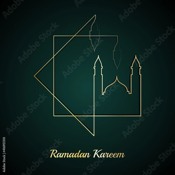 Fototapeta Vector Illustration of Golden Ramadan Kareem Line Art Drawing. Good for Greeting Card, Cover, Poster, Banner, Invitation, and others.