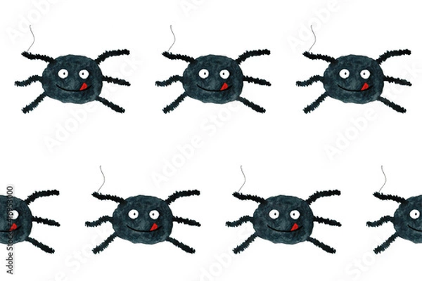 Fototapeta Halloween seamless pattern with funny cartoon spider. Endless texture for wallpaper, web page background, wrapping paper. Flat style. Black smiling spider with tongue on white board