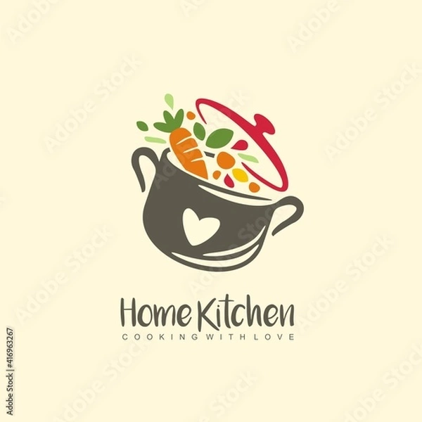 Fototapeta Home kitchen logo with pot full of healthy vegetables and vitamins. Cooking with love logo design idea for grandma food. Playful symbol idea with colorful ingredients. Vector icon.