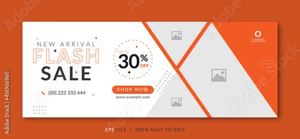 Fototapeta Flash sale facebook cover page timeline web ad banner template with photo place modern layout white background and orange shape and text design