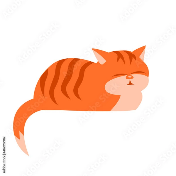 Fototapeta Cartoon striped ginger cat sleeping sweetly. Vector isolated illustration on white background