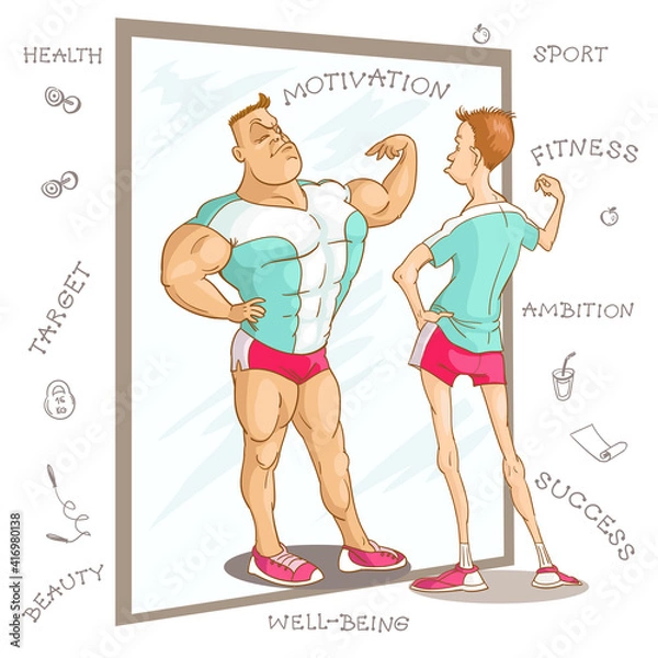 Fototapeta Vector caricature illustration. Cartoon funny man in a fitness class looks at his reflection in the mirror and dreams. The concept of motivation for physical education and a healthy lifestyle.