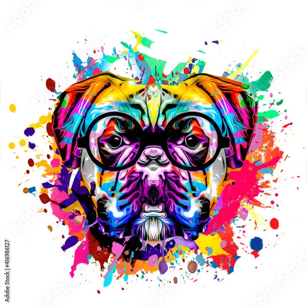 Fototapeta dog head with eyeglasses and creative abstract elements on dark background
