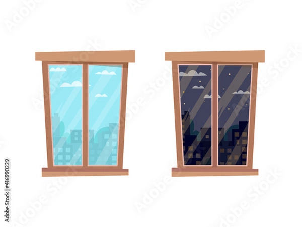 Obraz Windows are day and night views of cityscapes. In the distance there are high-rise buildings, trees, stars and clouds in the sky. Flat cartoon style vector illustration