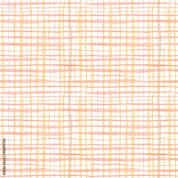 Fototapeta Watercolor seamless colorful checkered pattern. Yellow, pink, orange simple brush strokes. Hand painted backdrop for decor, wrapping paper, wallpaper, textures, web page background.