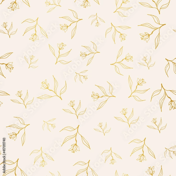 Fototapeta Golden floral sketches seamless vector pattern. Elegant surface print design for fabrics, stationery, scrapbook paper, gift wrap, textiles, backgrounds, and packaging.
