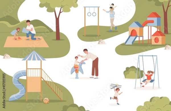Fototapeta Men walking and playing with their children outdoor at urban park vector flat illustration. Happy kids playing with dads at playground, riding on seesaw. Childhood and parenting concept.