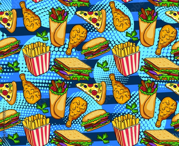 Fototapeta Fast food vector seamless pattern. Hamburger, hot dog, pizza, sandwich, meat, french fries, onions, tomatos. Pop art style