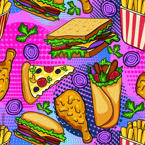 Obraz Fast food vector seamless pattern. Hamburger, hot dog, pizza, sandwich, meat, french fries, onions, tomatos. Pop art style
