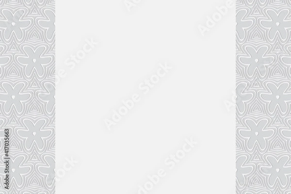 Fototapeta Geometric convex volumetric background from a relief ethnic pattern. Vertical inserts. 3d white wallpaper with stylized shapes.