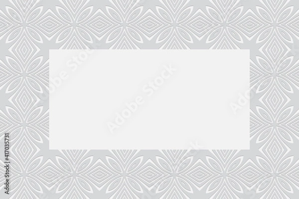 Fototapeta Geometric convex volumetric background from a relief ethnic pattern. Frame for text, advertising, presentations. 3d white wallpaper in oriental folk style.
