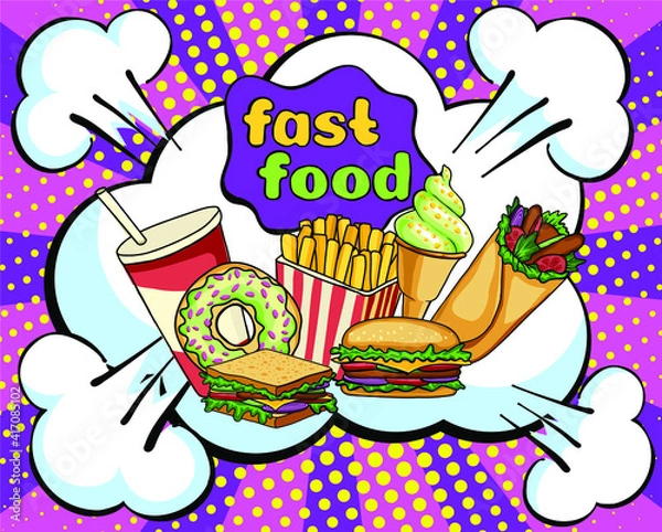 Obraz Vector banner with fast food: milkshake, cupcake, hamburger, french fries. Pop art style. Pink background