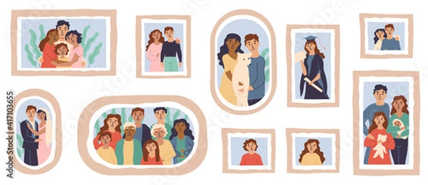 Fototapeta Vector family photo frames. Happy people portraits in wall picture frames, family portrait photos. Families generation framed portraits, dynasty photograph wall decor illustration. 